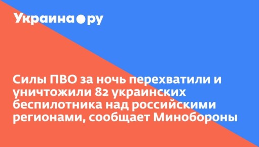 Силы ПВО за ночь перехватили и уничтожили 82 украинских беспилотника над российскими регионами, сообщает Минобороны
