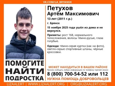 В Брянске бесследно исчез 13-летний школьник Артём Петухов