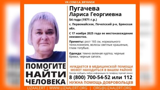 В Брянске пропала 54-летняя Лариса Пугачёва
