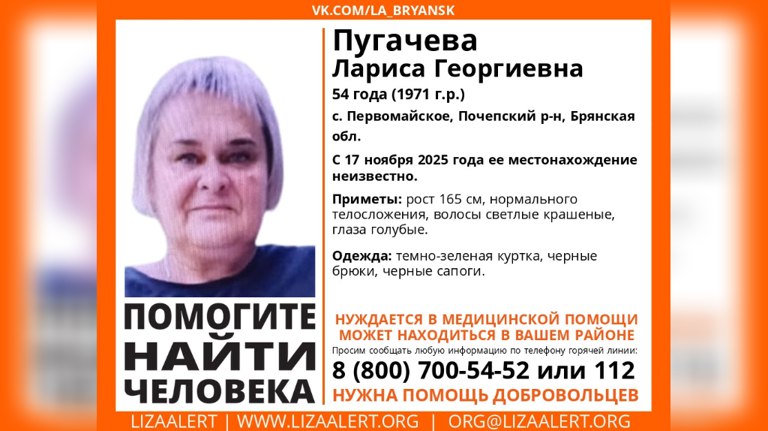 В Брянске пропала 54-летняя Лариса Пугачёва