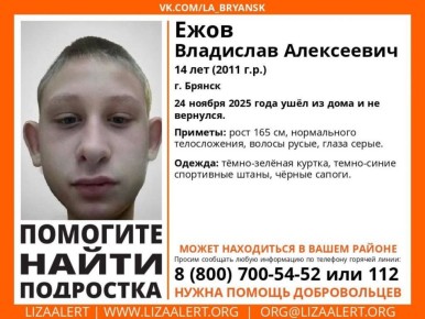 В Брянске пропал 14-летний школьник Владислав Ежов
