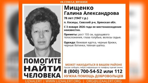 В Брянской области без вести пропала 78-летняя Галина Мищенко