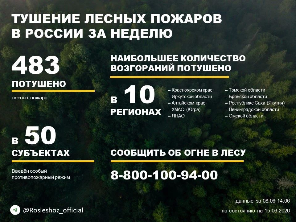 По данным Авиалесоохраны, подведомственной организации Рослесхоза, за прошедшую неделю потушено 483 лесных пожара в 44 регионах России