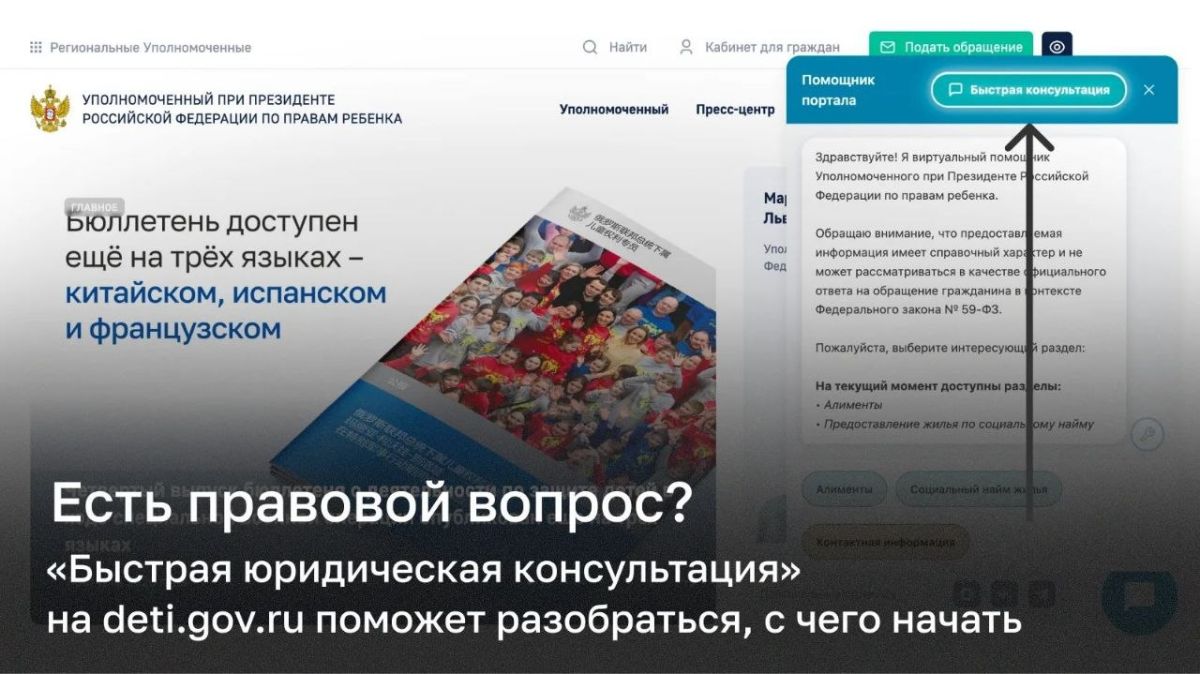 «Быстрая юридическая консультация» – в тестовом режиме запустили новый сервис на официальном сайте Уполномоченного при Президенте РФ по правам ребенка